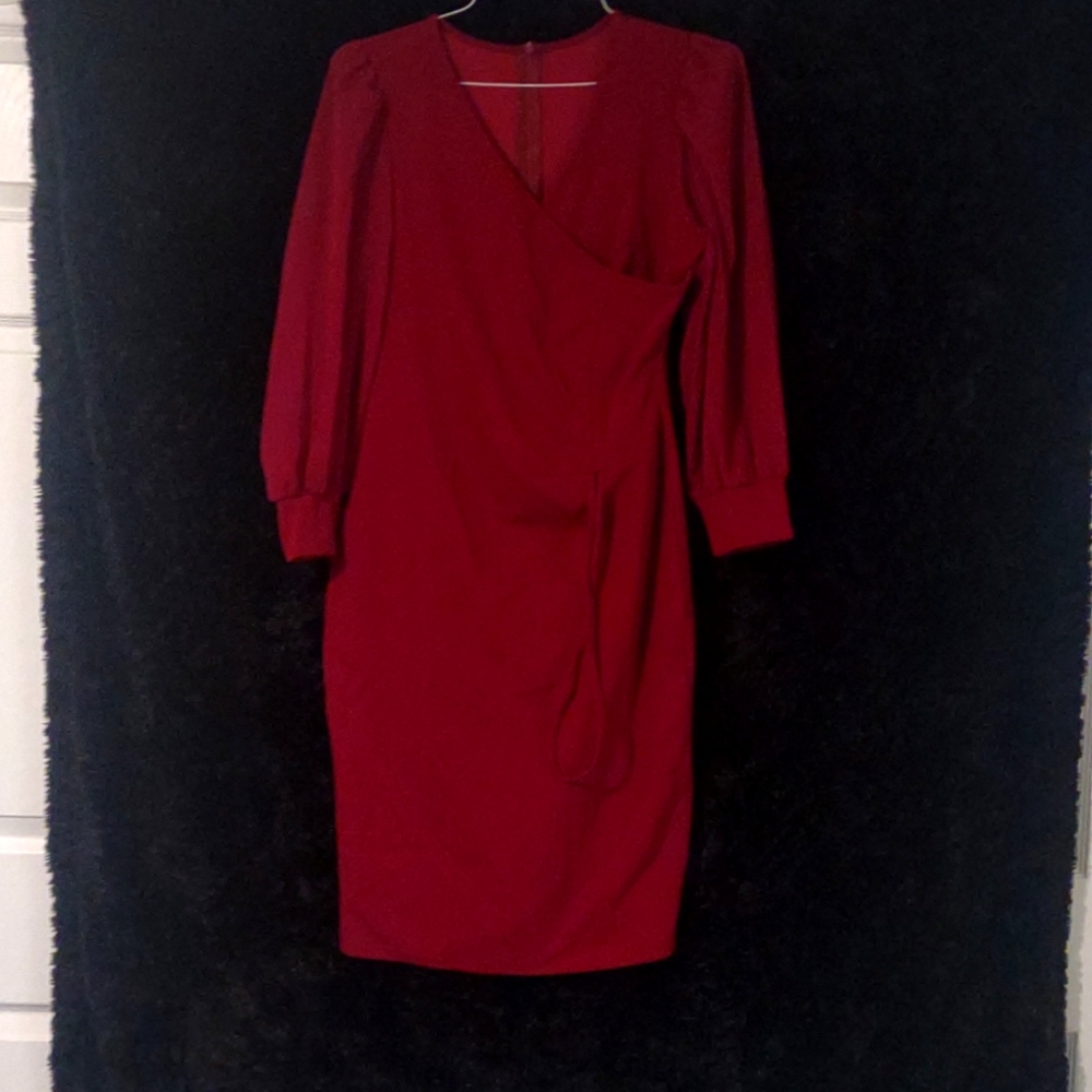 Burgundy Casual Solid String fold V Neck One Step Skirt Dress 2XL